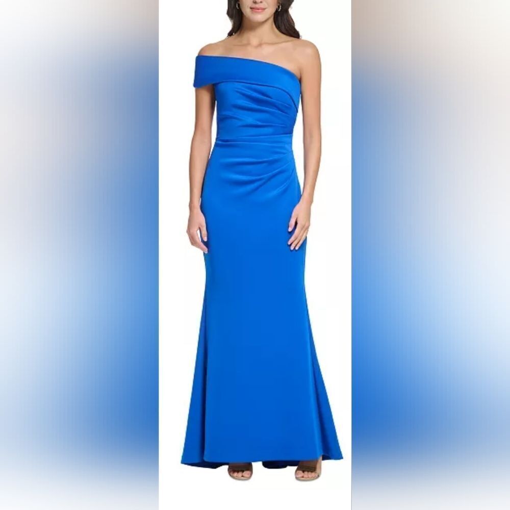 Eliza J Asymmetric-Neck Side-Pleat Scuba Gown NWT Size 12 Cobalt Blue
